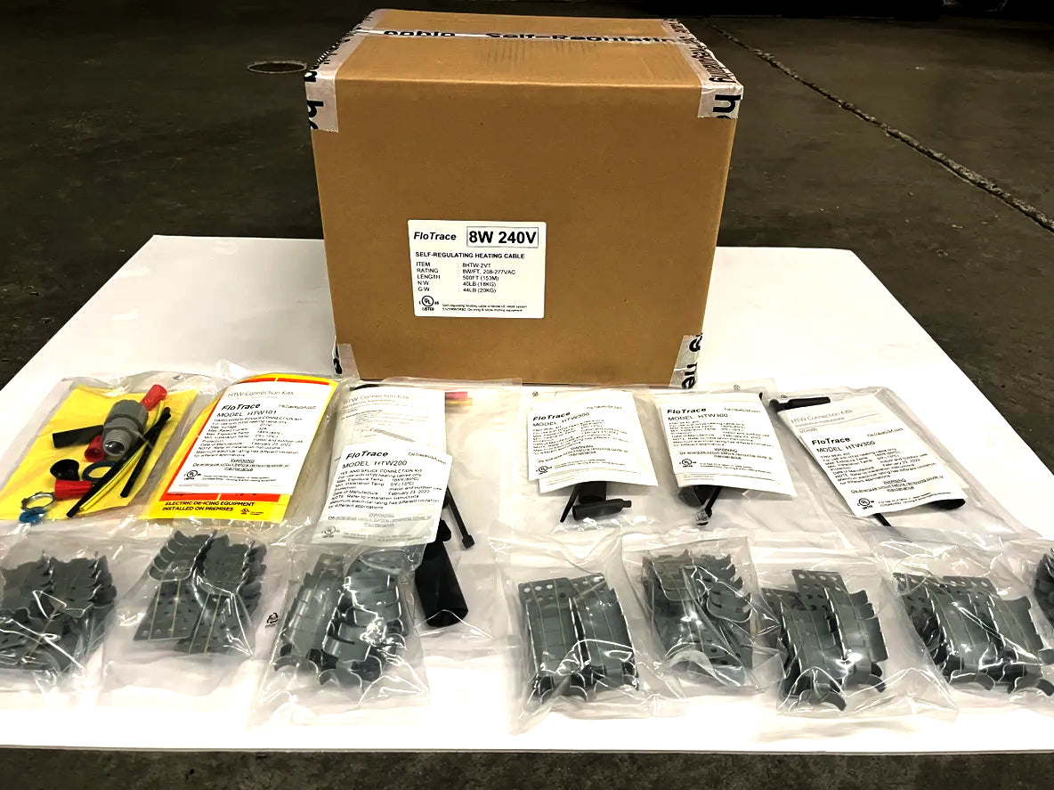 Heat trace cable packaged alongside of heat trace cable accessories